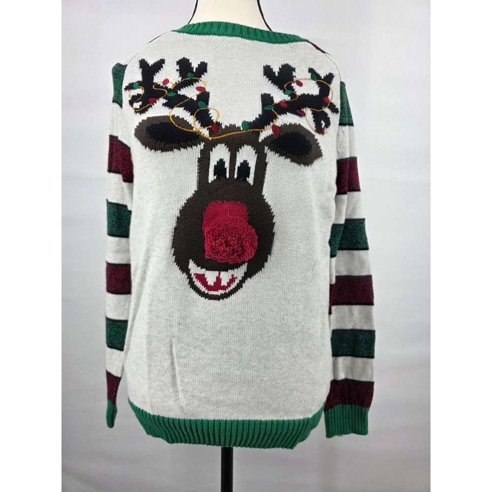 Ugly Christmas Sweater Reindeer Pom Pom Nose Striped Sleeve Small Holiday